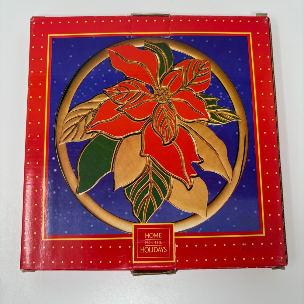 Home for the Holidays 8" Trivet Poinsettia Gold Tone Red Green Enamel VTG Japan